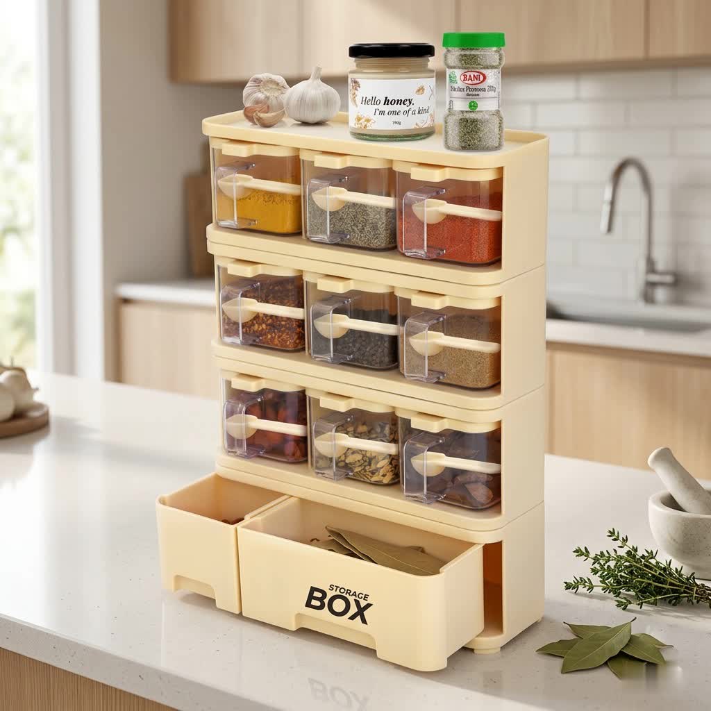 9-in-1 Multi-Layer Spice Storage Box – Kitchen Seasoning Organizer with Drawers