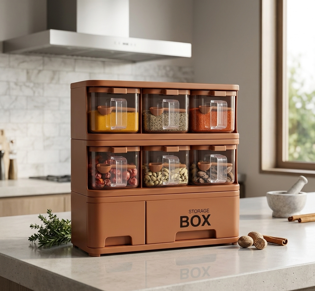 6-in-1 Crystal Spice Storage Jar Set – Kitchen Masala Organizer Box with Spoons
