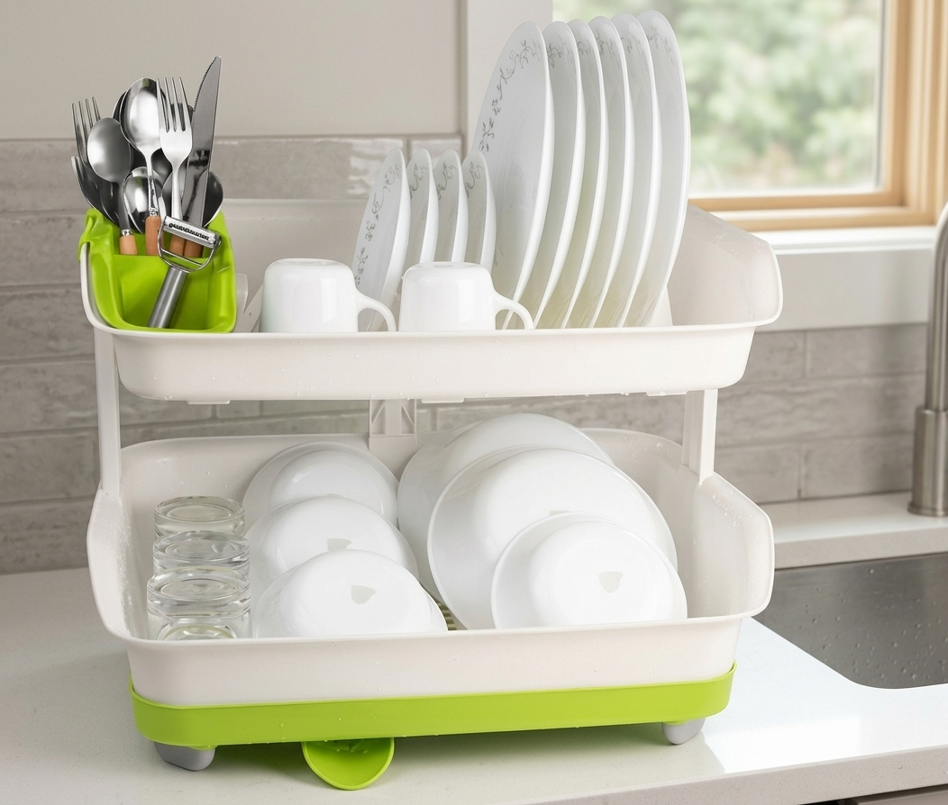 2-Tier Kitchen Dish Drying Rack with Drain Tray – Space Saving Dish Organizer