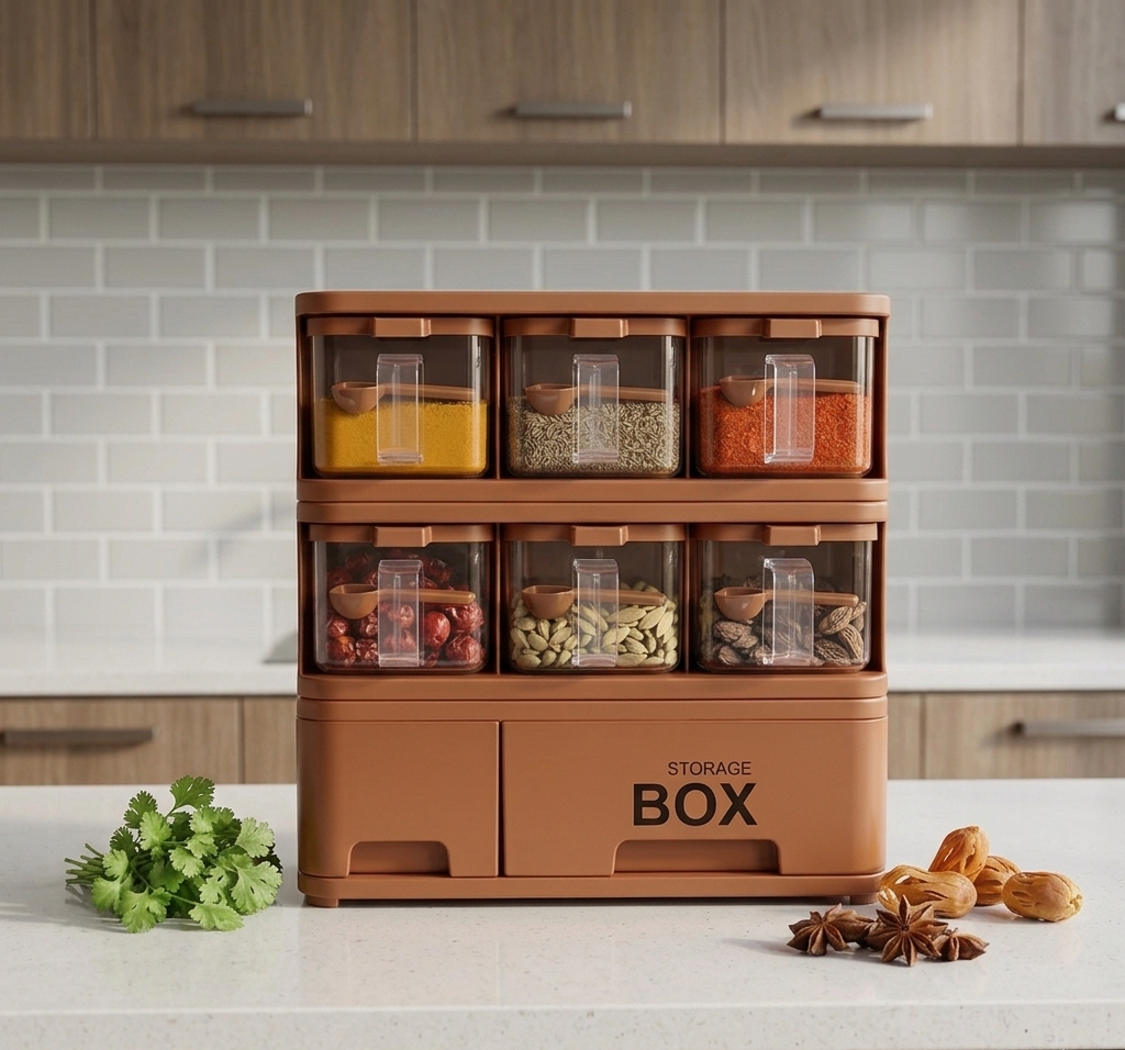 6-in-1 Crystal Spice Storage Jar Set – Kitchen Masala Organizer Box with Spoons